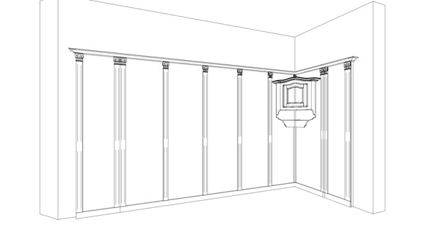 Hohe Wandverkleidung Raum, Kranz, Komplett mit Abschlussleiste, Sockel und Abschlussfries, Eckhänger