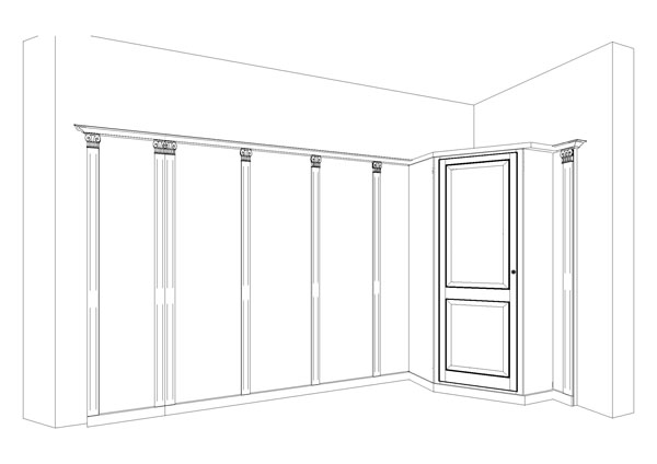 Hohe Wandverkleidung Raum Kranz, Komplett mit Abschlussleiste, Sockel und Abschlussfries, Eckschrank