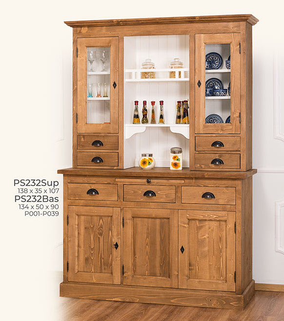 Buffet, Anrichte + Aufsatz, 2 Glas-Türen, 3 Holztüren, 7 Schubladen, Kiefer massiv zweifarbig