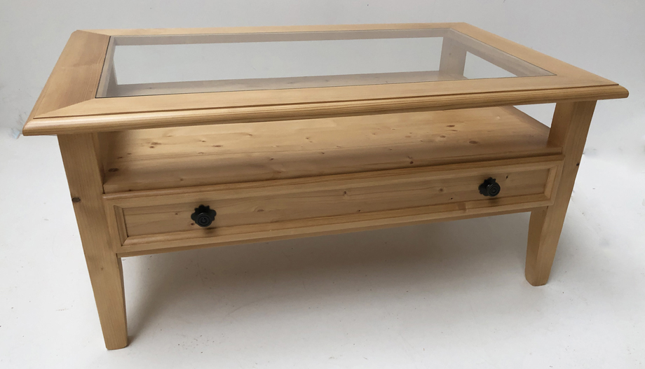 Couchtisch 70 x 110, Ablage, Schublade, mit Glasplatte, Rosner lackiert