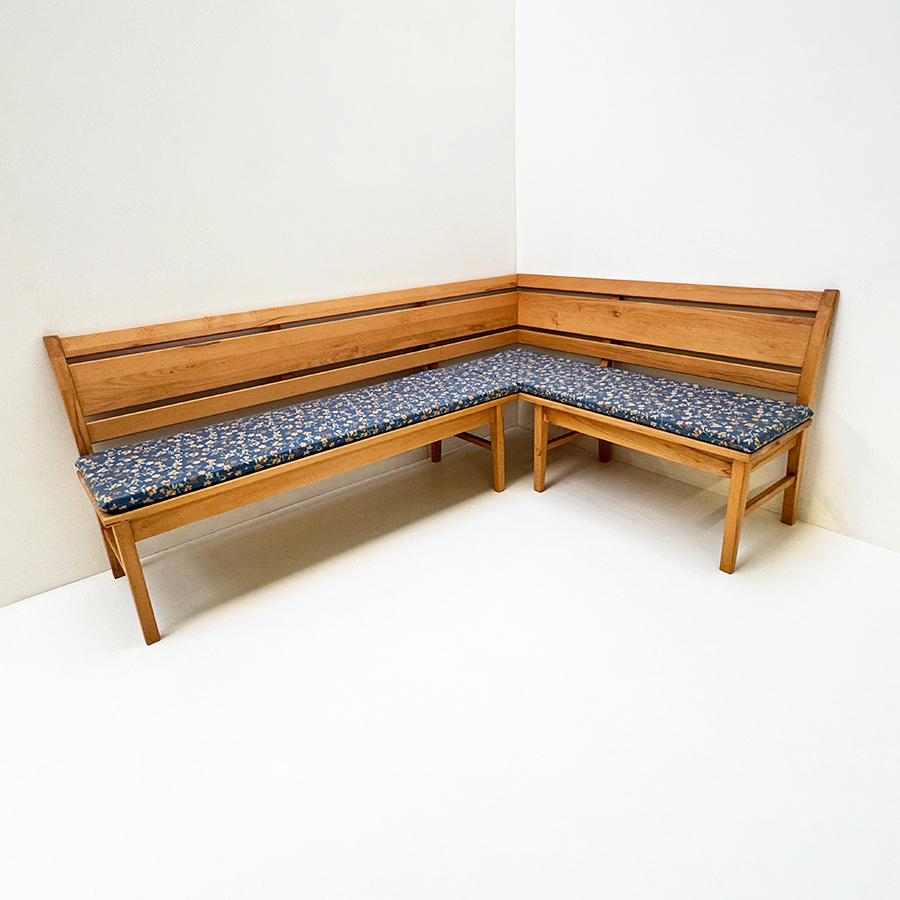 Eckbank Iseo 210/150 cm, Kernbuche geölt,Polster genäht mit Laschen, Stoff Mülheim blau