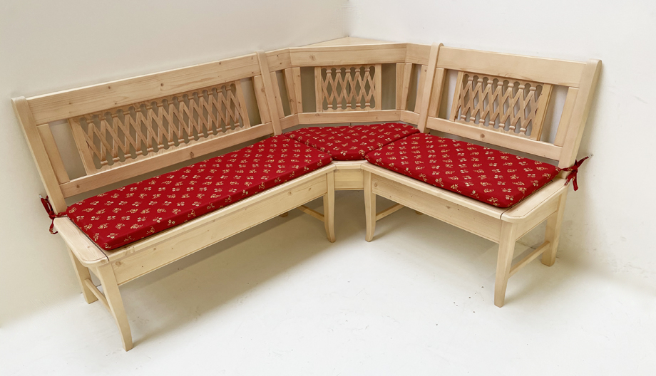 Eckbank Kramsach, 175/140 cm, m. Truhen, Rosner gewachst, Polstersatz genäht, Mülheim Streublume rot