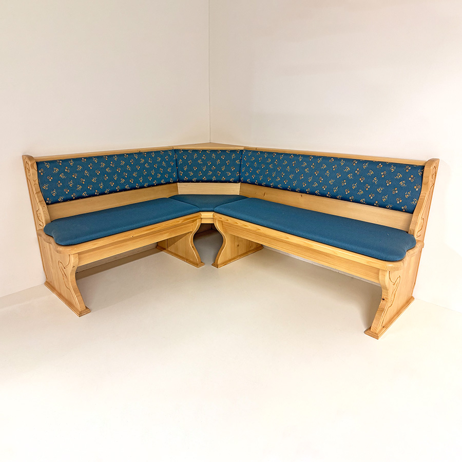 Eckbank Lindau 165/195 Vollpolster, Truhen, geschnitzt, Polsterplatte, Mühlheim Streublume uni blau