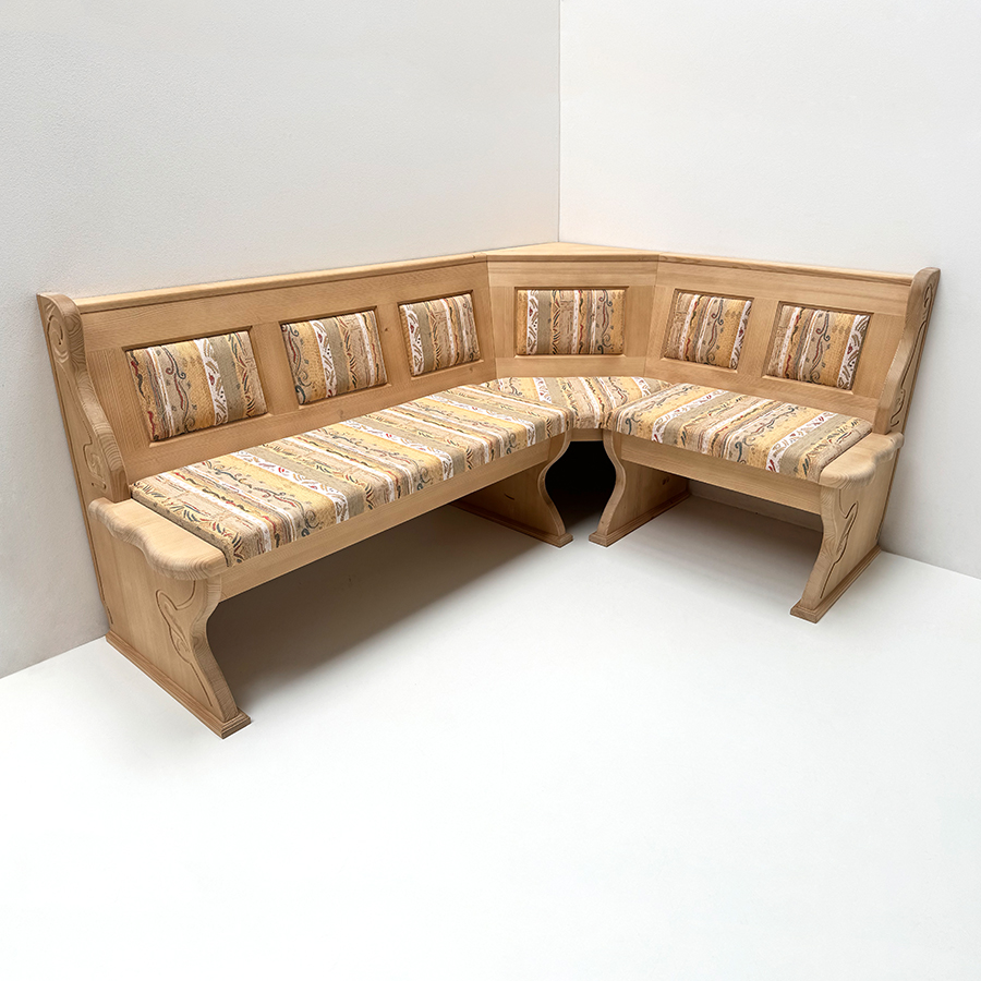 Eckbank LINDAU, 195/145 cm, geschnitzt, Festpolster mit Truhen, Kasettenpolster, Pocking beige