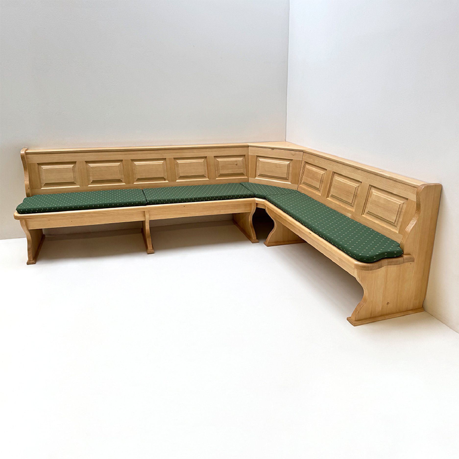 Eckbank Lindau 300/200 cm mit Truhen, Ablagen 10 cm, Ecke aufklappbar, Polster genäht, Kundl grün