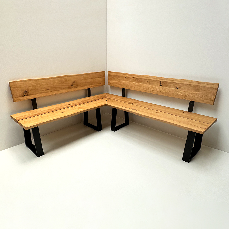 Eckbank Baumbank Oviedo Sondermaß 180/199 cm Wildeiche massiv geölt, Metallwangen schwarz