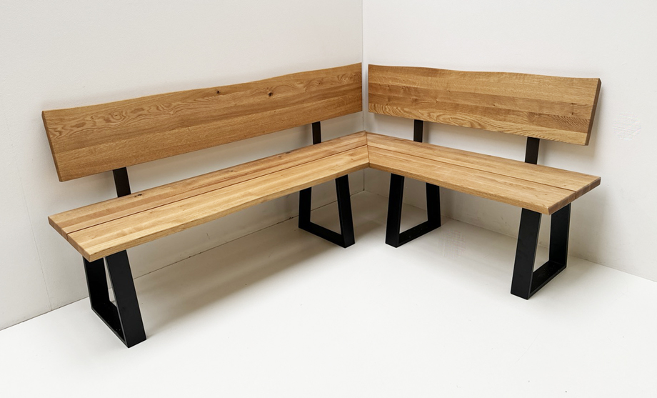 Eckbank Baumbank Oviedo 200/150 cm Wildeiche massiv geölt, Metallgestell