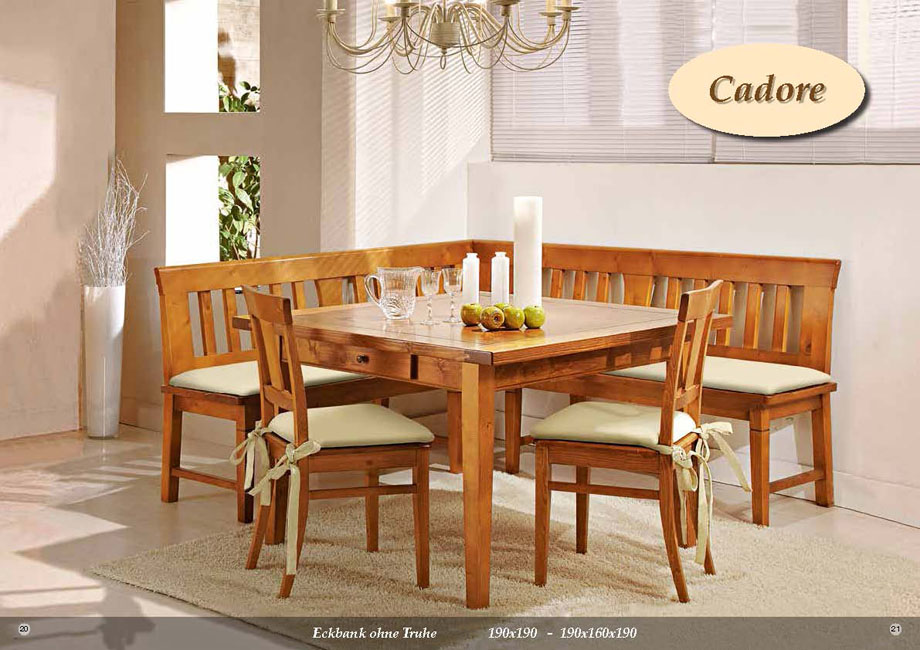 Eckbankgruppe Cadore, Eckbank 190/190 cm , Vierfußtisch 120/120 cm, 2 Stühle