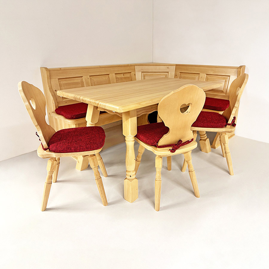 Eckbankgruppe LINDAU 185/150 Fichte, Tisch 4510-Amberg, 3 Stühle Munich, Polster genäht, Natura rot