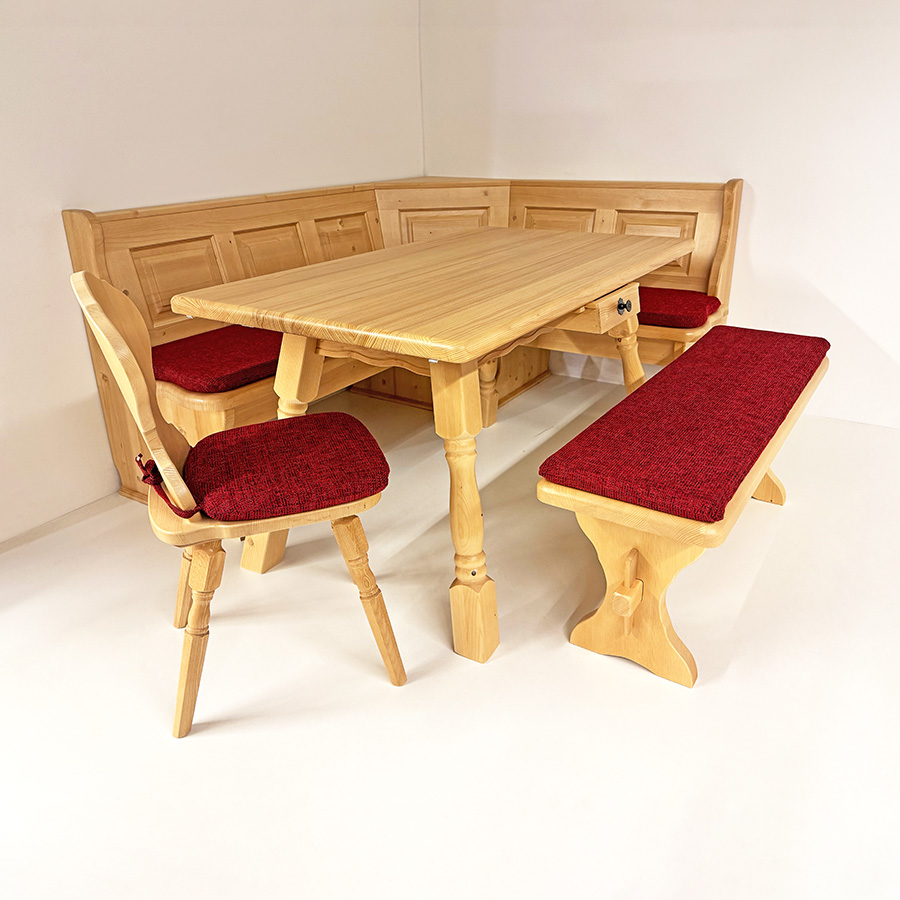 Eckbankgruppe LINDAU 185/150 Fichte, Tisch 4510-Amberg, 1 Stuhl, 1 Stuhl, 1 Vorbank 120, Natura rot