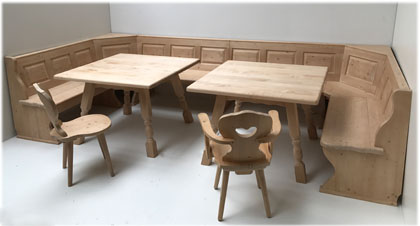 U-Eckbankgruppe Lindau U-Bank 185/380/185 cm nach Maß, mit 2 3 Fußtischen, Ahornplatten, 2 Stühle