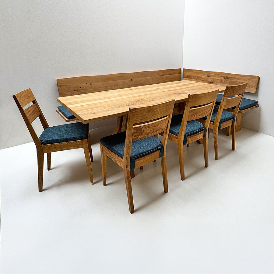 Eckbankgruppe Oviedo 250/170 cm, Tisch Larissa 90/200 cm, Baumkante, 4 Stühle, Polster Verano 672