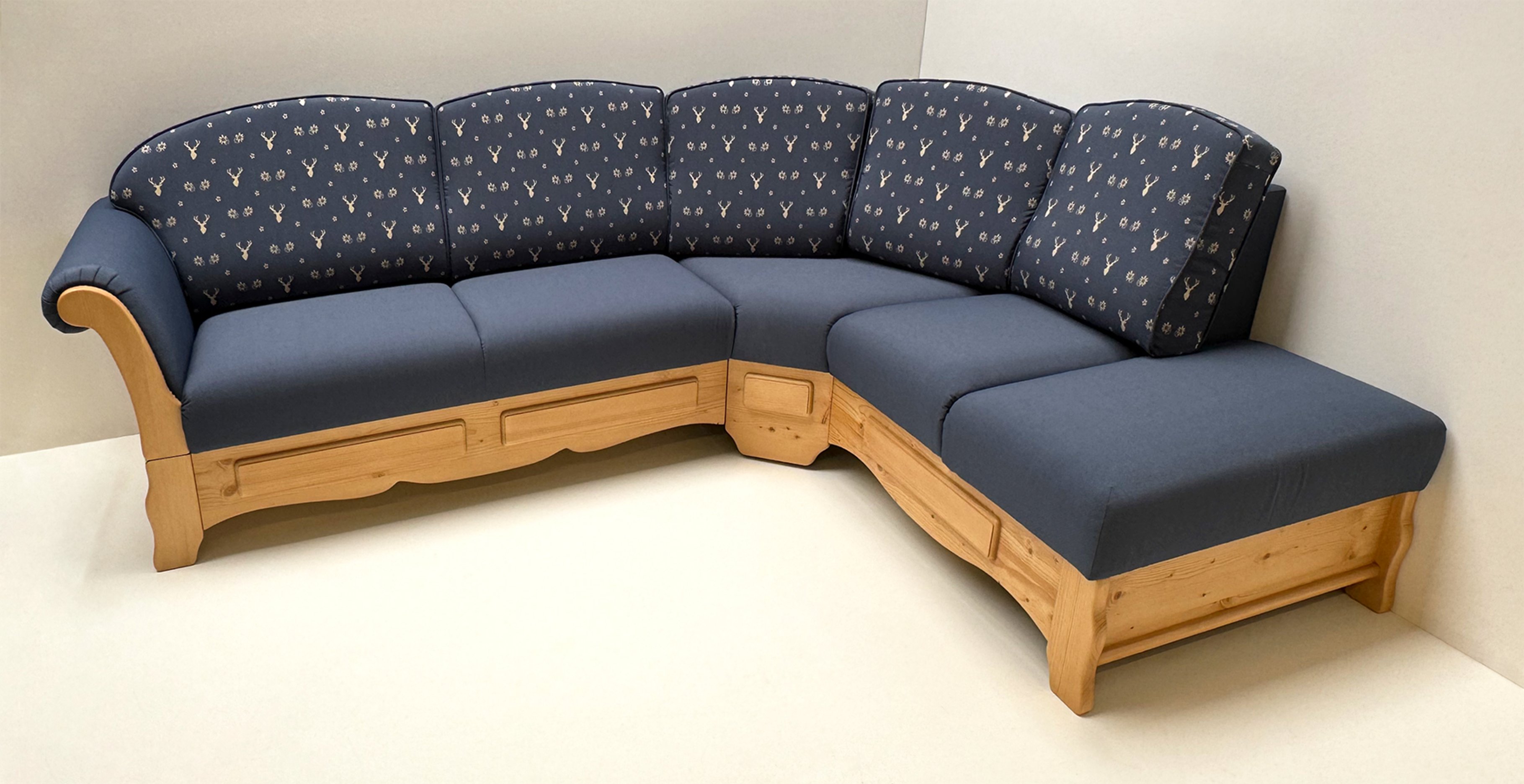 Sofa Ecksofa Sterzing, Trapezecke, Stellmaß 272/215, TS-3003 Hirsch blau, TS-3017 Uni blau