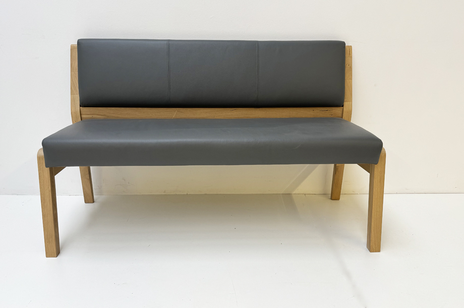 Einzelbank, Bankteil, Sitzbank, VIVID Massivholzbank Eiche, 140 cm, Echtleder Grau 424