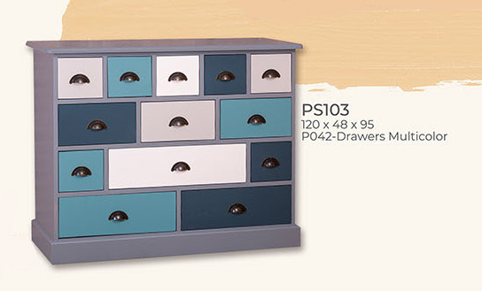 Anrichte Kommode Sideboard, 13 Schubladen, Kiefer massiv, multicolor