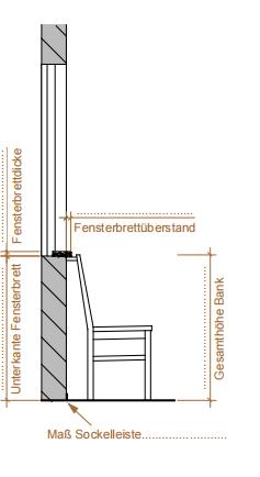 Höhenprofil Eckbank, Seitenansicht Eckbank, Fensterdetail , Heizungsdetails, Aufmaßblatt