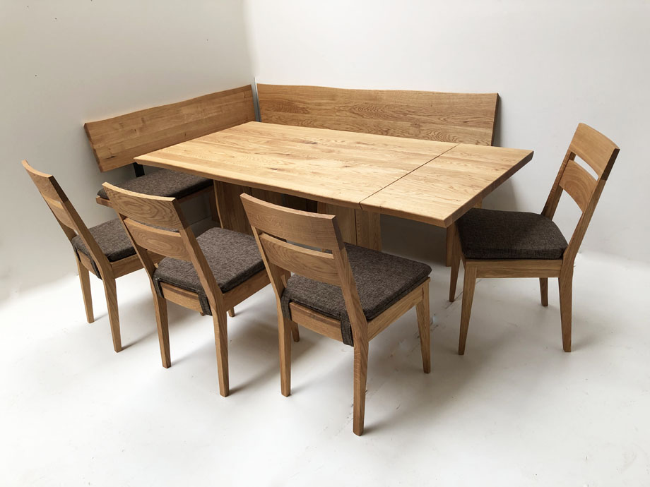 Eckbankgruppe Oviedo,  Bank 150/200 cm, Tisch 140/90 cm, Ansteckplatte, 4 Stühle Filippa, Polster