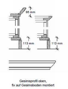 Gesimsprofil oben, fix auf Gesimsboden montiert