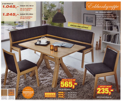 Eckbankgruppe Larissa Vollpolster Eckbank 190/150 4 Fußtisch 125/85 cm, 2 Stühle