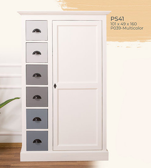 Vorratsschrank, 6 Schubladen, 1 Tür, Kiefer massiv