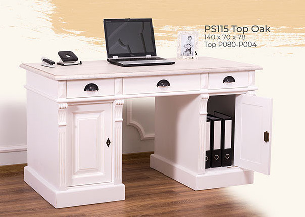 Schreibtisch, 2 Holztüren, 2 Schubladen, Kiefer massiv, Deckplatte Eiche massiv, zweifarbig