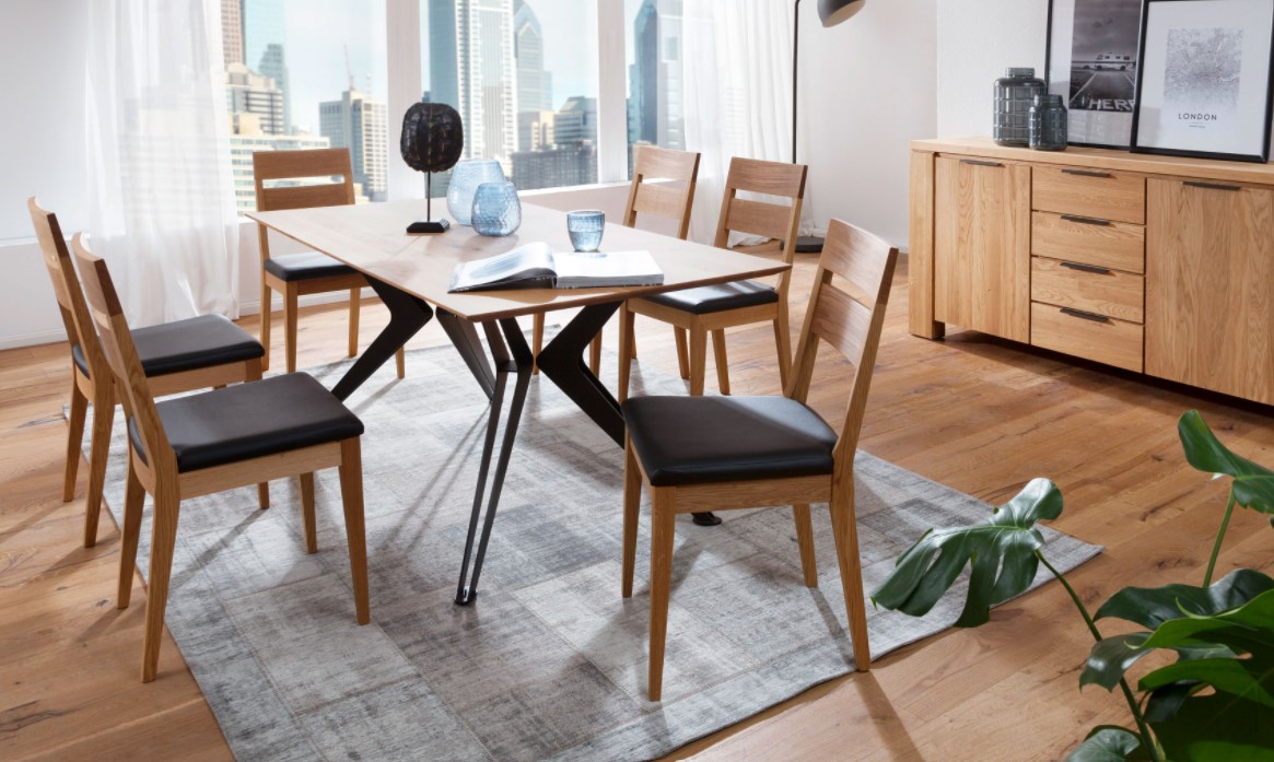 Tischgruppe Oviedo Alicante 90/180 cm, Metallgestell, 6 Stühle Filippa -P, Wildeiche geölt