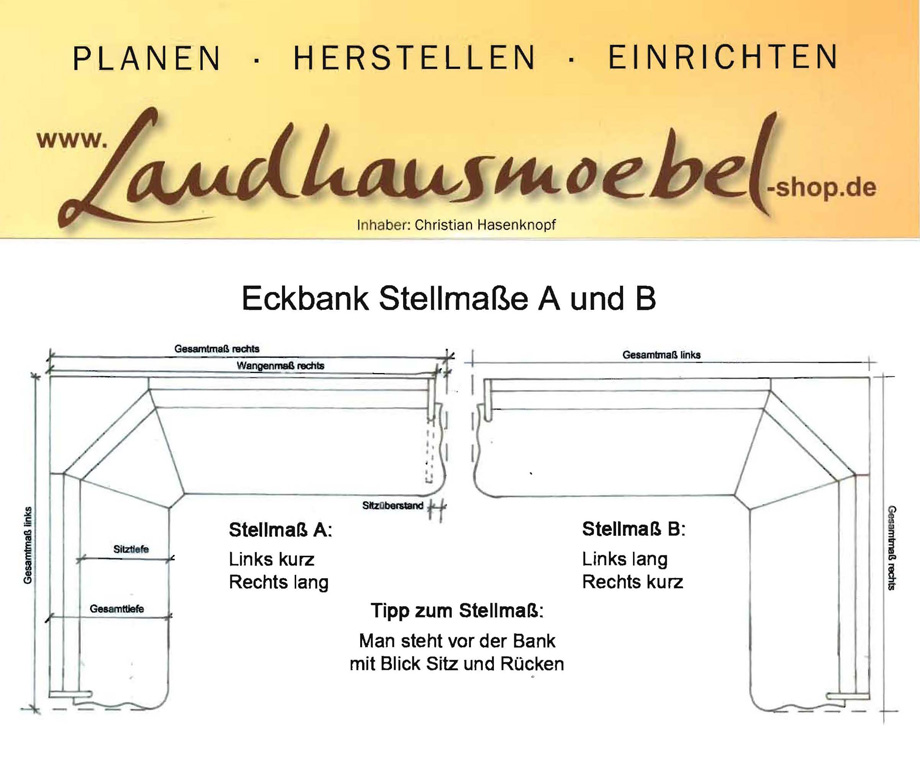 Eckbank Lindau Amberg Landau Sondermaße, Stellmaße von Eckbänken, Übersicht Sondermaße