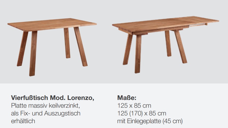 Tisch Lorenzo 125/85 cm, mit Schubladen Auszug auf 170 cm, Platte massiv, keilverzinkt