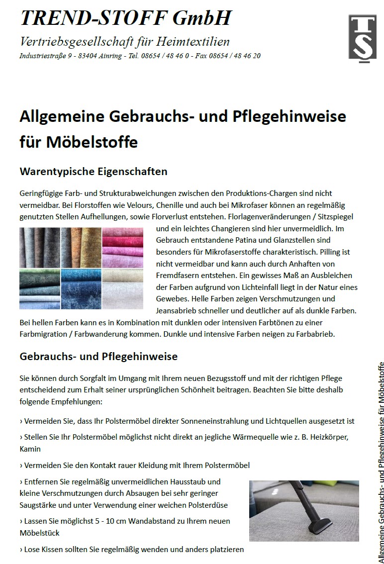 Trendstoff Pflegeanleitung Pflegehinweise Möbelstoffe