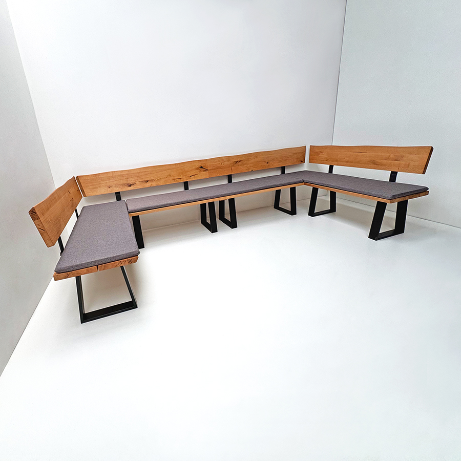 Eckbank Baumbank Oviedo U-Bank 160/340/160 cm Wildeiche, Metallwangen, Polster genäht, Verano 686