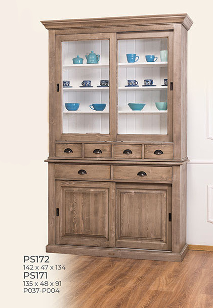 Buffet Vitrine, Anrichte + Aufsatz, Schiebetüren, 6 Schubladen, Kiefer massiv zweifarbig