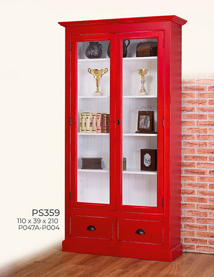 Vitrine, 2 Schubladen, Kiefer massiv, zweifarbig antik lackiert