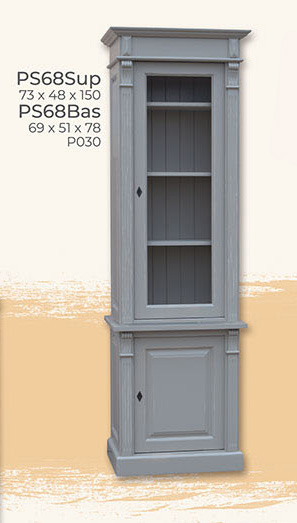 Vitrine, Anrichte + Aufsatz, 1 Glastür, 1 Holztür, Kiefer massiv