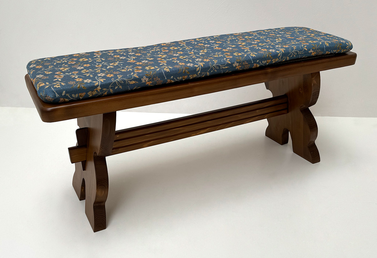 Vorbank Landau gross 115 cm Adler Mittelbraun lackiert inkl. Polster genäht Mülheim blau