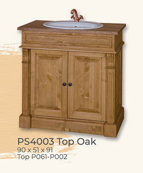 Bad-Einrichtung, Waschtisch mit 2 Türen, Kiefer massiv, Deckplatte Eiche massiv (ohne Waschbecken)