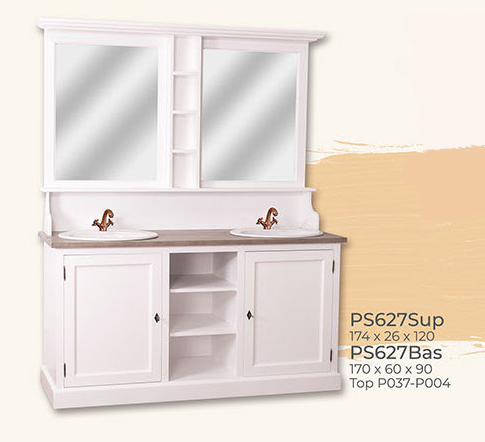 Bad-Einrichtung, Waschtisch mit 2 Spiegeln und 2 Türen, Kiefer massiv, incl. 2 Waschbecken