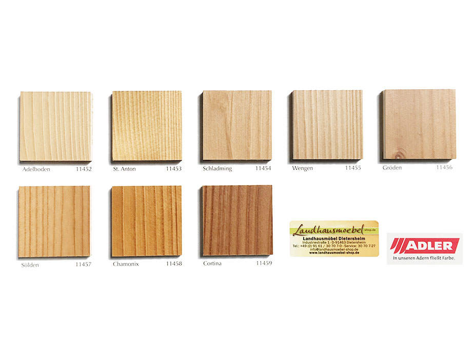 Farbtonkarte für Sondertöne Fichte ADLER Positiv Plus Aqua Alpin lackiert