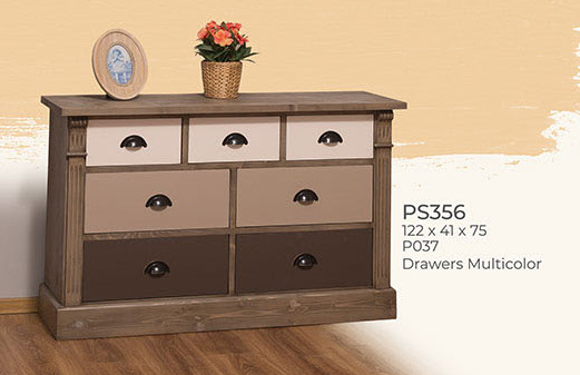Kommode, Anrichte, 7 Schubladen, Kiefer massiv, multicolor