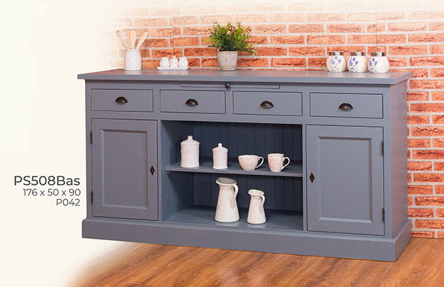 Anrichte Kommode Buffett-Unterteil, 2 Türen, 4 Schubladen, Kiefer massiv