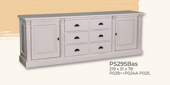 Anrichte Kommode Sideboard, 2 Holztüren, 6 Schubladen, Kiefer massiv, zweifarbig antik lackiert