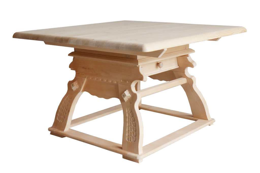 Jogl-Tisch Landau 120/120 mit Schubladen, ungeschnitzt, Rosner gewachst