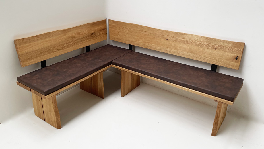 Eckbank Baumbank Oviedo 150/200 cm Wildeiche massiv geölt, Holzkufen, Polsterplatten Feel 406