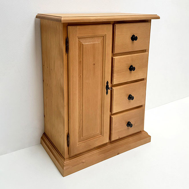 Brotschrank Füssen, 4 Schubladen, 1 Türe, Ausführung Tölz mit Sockel, mit Schloß