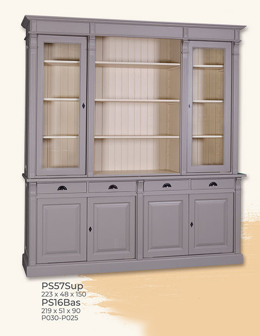 Buffet, Anrichte + Aufsatz, 4 Türen, 2 Glastüren, 4 Schubladen, Kiefer massiv zweifarbig