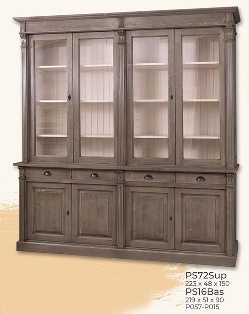 Buffet, Anrichte + Aufsatz, 4 Türen, 4 Glastüren, 4 Schubladen, Kiefer massiv zweifarbig