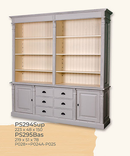 Buffet, Anrichte + Aufsatz, 2 Türen, 6 Schubladen, offene Regalfächer, Kiefer massiv 2-farbig antik