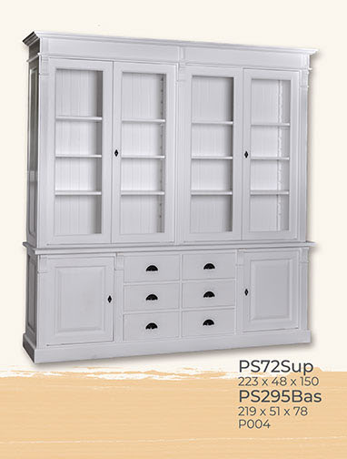 Buffet, Anrichte + Aufsatz, 4 Glastüren, 2 Holztüren, 6 Schubladen, Kiefer massiv