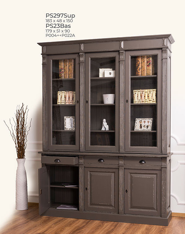 Buffet, Anrichte + Aufsatz, 3 Türen, 3 Glastüren, 3 Schubladen, Kiefer massiv