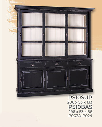 Buffet, Vitrine, Anrichte + Aufsatz, Schiebetüren, 3 Schubladen, Kiefer massiv zweifarbig