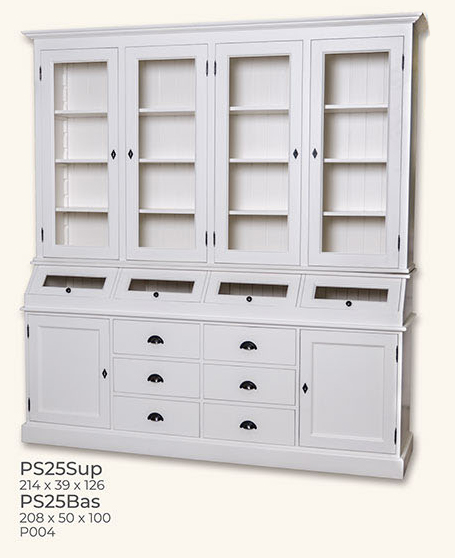 Buffet Vitrine, Anrichte + Aufsatz, 4 Glas-Türen, 2 Holztüren, 6 Schubladen, Kiefer massiv